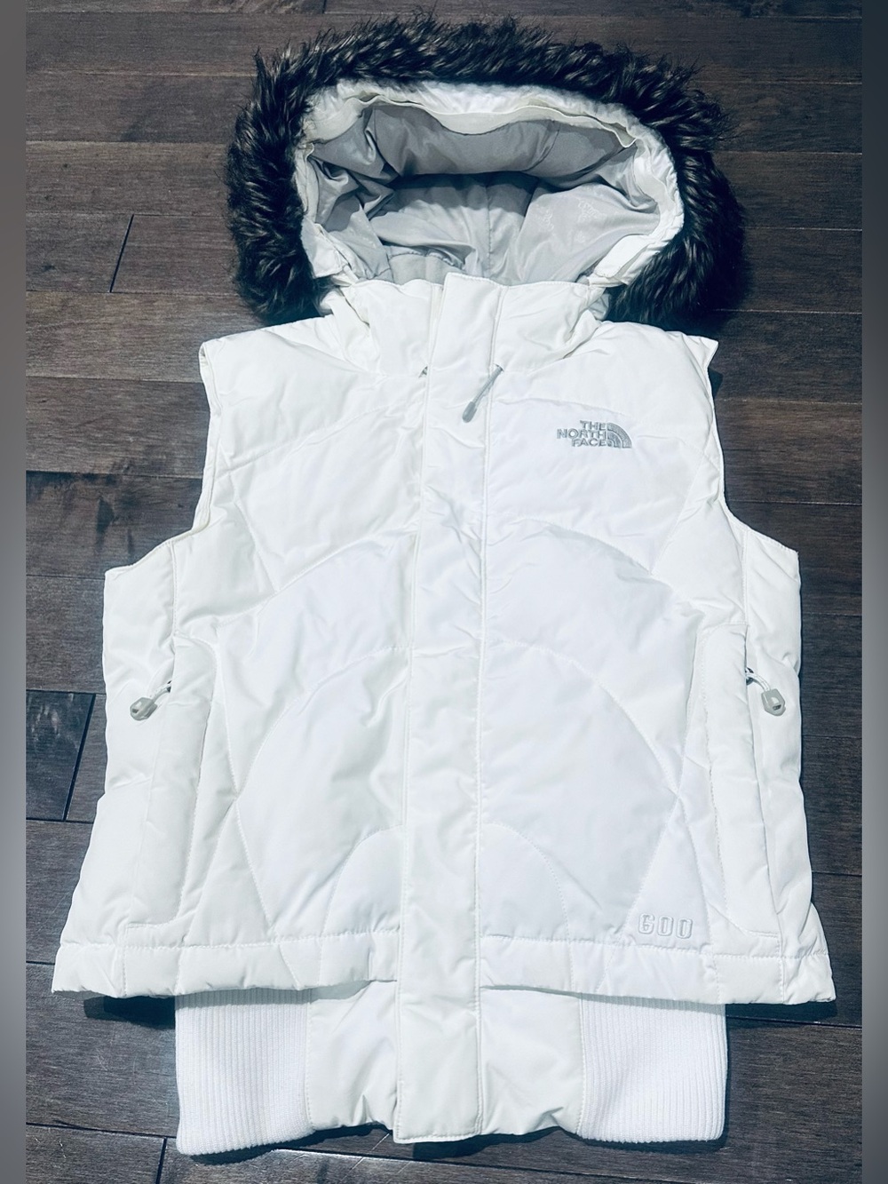 Women’s Sz XS White The North Face Prodigy 600 Down Puffer Faux Fur Hooded Vest